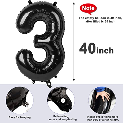 Image of Number 3 Balloons Birthday Decorations, 40In Black Balloons for Men Women | Eye-catching Appearance, Perfect Decorative Centerpieces, Convenient Self-sealing Structure, Widely for Various Occasions