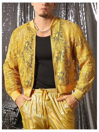 Image of WDIRARA Men's Floral Lace Bomber Jackets Long Sleeve See Through Outerwear