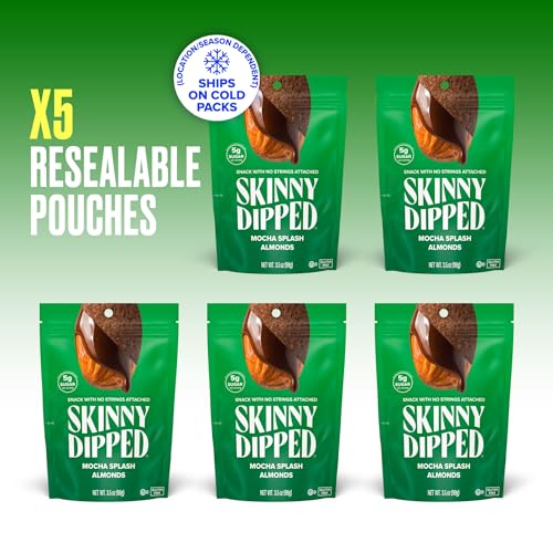 Image of SkinnyDipped Mocha Splash Almonds, Healthy Snack, Plant Protein, Gluten Free, 3.5 oz Resealable Bags, Pack of 5