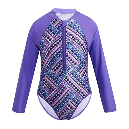 Yihuimin Kids Girls 1Ps Printed Swimsuit Front Zippered Leotard Color Contrast Bathing Suit for Surfing Purple 8 Years