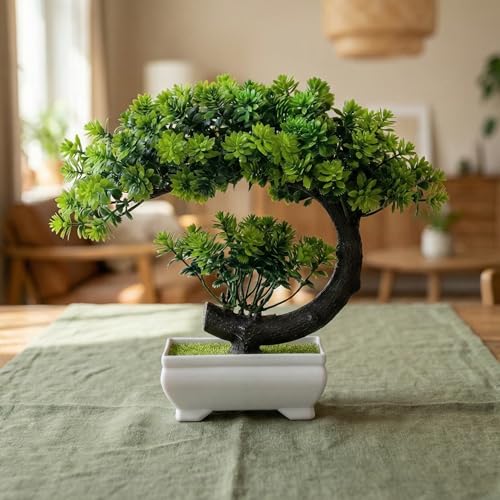 Image of Dekorly Small Fake Plants /Plastic Artificial Bonsai Tree for Bookshelf Bathroom Home Decor, Farmhouse Zen Garden Room Decor, Tall 8.5 inch (Green-Regular, Height : Upto 22CM)