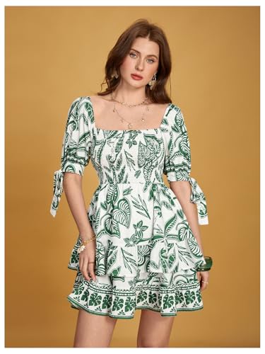 Image of Floerns Women's Floral Print Puff Sleeve Square Neck Tiered Layer Shirred Dresses