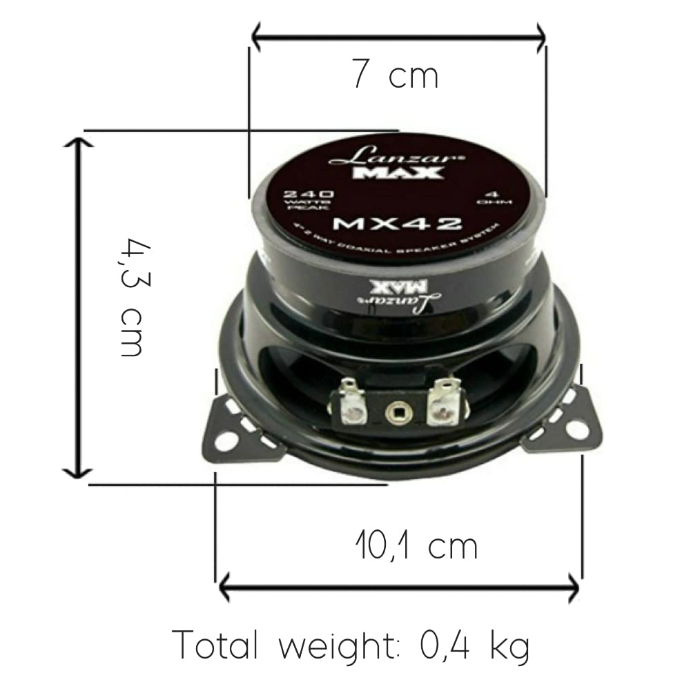 2 LANZAR MX42 MX 42 2-drożne głośniki współosiowe 10 cm 100 mm 4" 120 watt rms 240 watt max do przygotowania samochodu do standardowych obudów, na parę