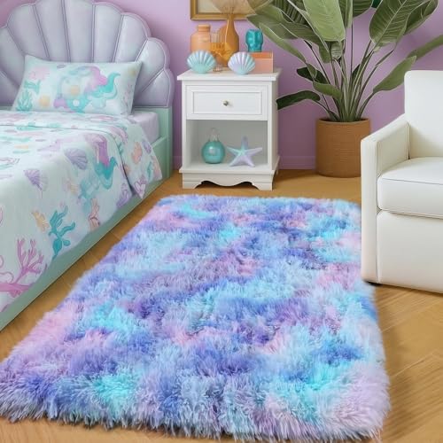 Amdrebio Purple Rainbow 2x3 Small Area Rugs for Bedroom Girls Room Decor Fuzzy Plush Colorful Mermaid Kids Rugs for Playroom Nursery Dorm Fluffy Furry Cute Shag Kawaii Carpet for Baby Toddler Teen