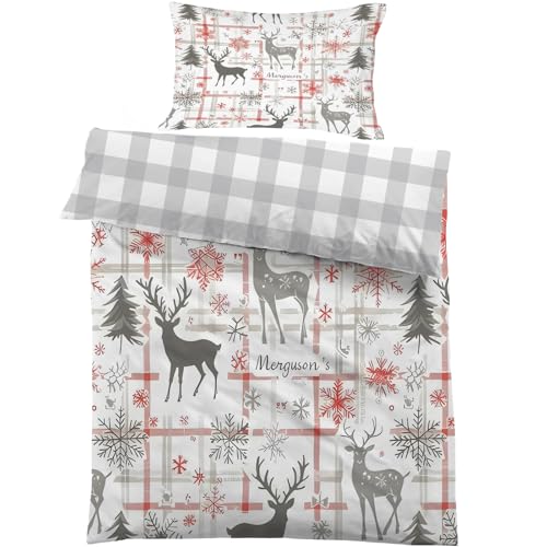 Parure de lit pour Enfant et BéBé Cerf Noël Gris, Housse de Couette 100x135 cm Bebe Flocons Neige à Carreaux et Taie d'oreiller 40x60 cm Réversible...