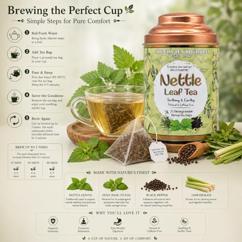 Image of Sancha Tea Boutique, Nettle Leaf Tea, 25 Pyramid Bags, Caffeine Free Herbal Tisane, Harvested in the Himalayas, Inflammation & UTI support