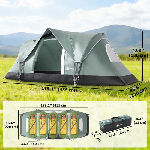 Outsunny 5-6 Person Outdoor Camping Tent, Family Tent with 3 Windows, Lighting Hook and Carrying Bag for Camping, Hiking and Travelling, Green image 3