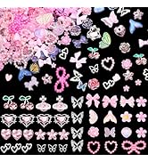 RODAKY Pink Nail Charms 3D Butterfly Nail Art Charms Cute Heart Nail Gems Mixed Style Cherry Flow...