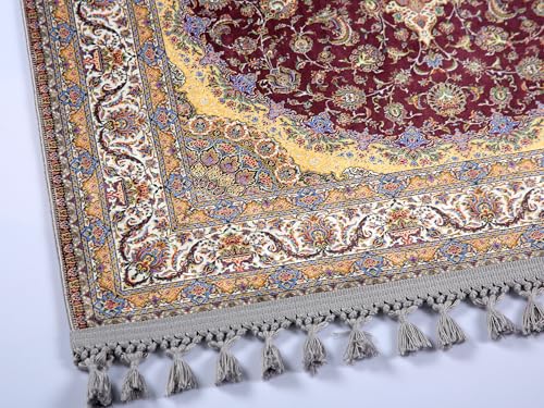 Alfombra de oración turca con borlas y diseño tradicional de medallón burdeos 5