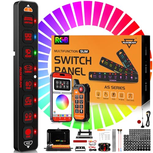 Auxbeam 8 Gang Slim Switch Panel Bluetooth RGB AS-800 with APP&Remote Control Toggle Momentary Pulsed 80A Switch Pod Off Backlight for 12-24V Truck Offroad UTV ATV Car Marine, 2 Years Warranty