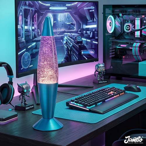 Image of JAMBO 16 inch Beautiful Blue and Silver Glitter Lamp- Relaxing Mood Lighting, Night Light Nightlight, Home Decor Living Room Office Bedroom Lamp for Adults Teens Kids Glitter