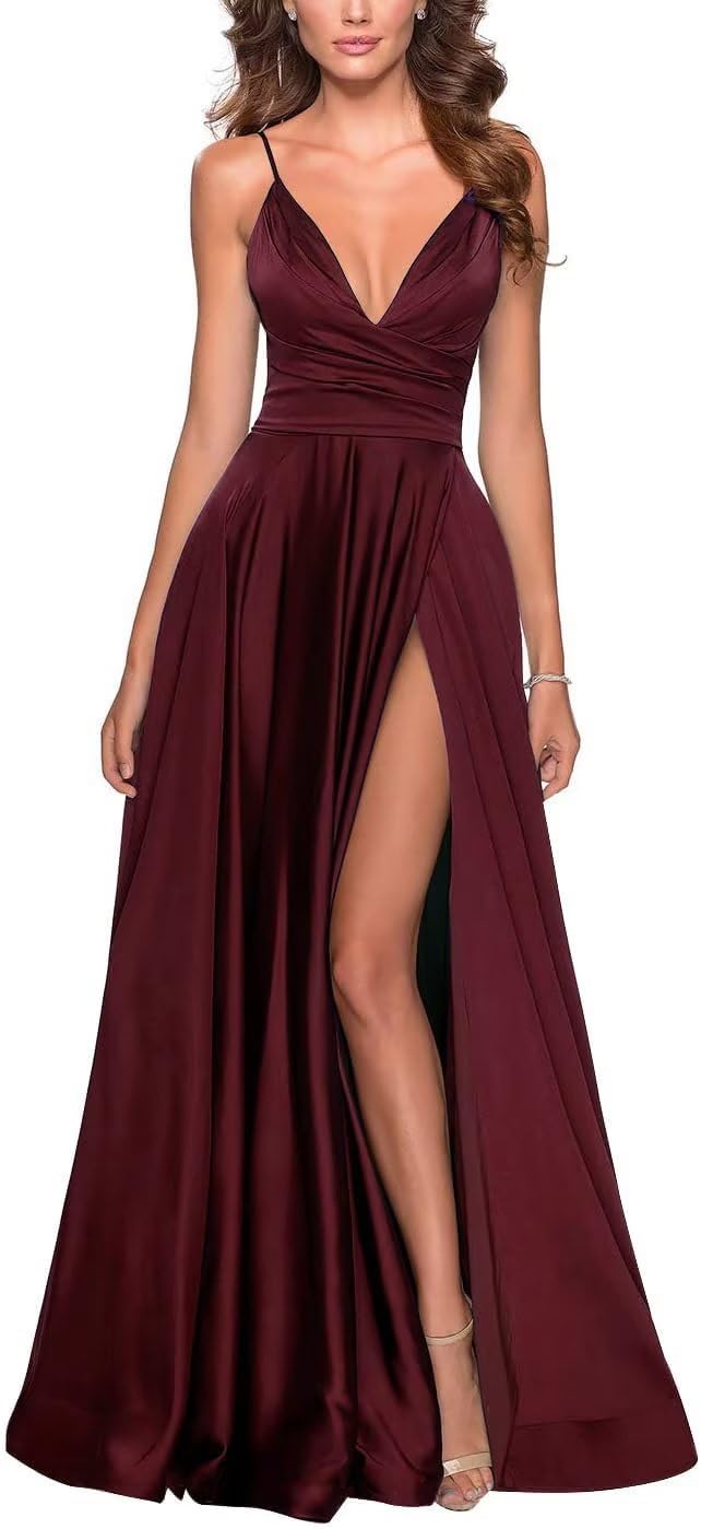 OUYAMEIV-Neck Satin Bridesmaid Dresses with Side Slit Spaghetti Strap Formal Evening Gowns Pleated Ball Gowns Prom Dress