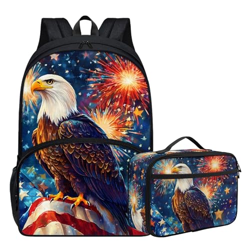 Boys 17 Inch School Backpack with Lunch Box Elementary Student Patriotic American Flag Bald Eagle Backpack and Lunch Bag Set for Boys Comfy Padded Back Lightweight Animal Bookbag