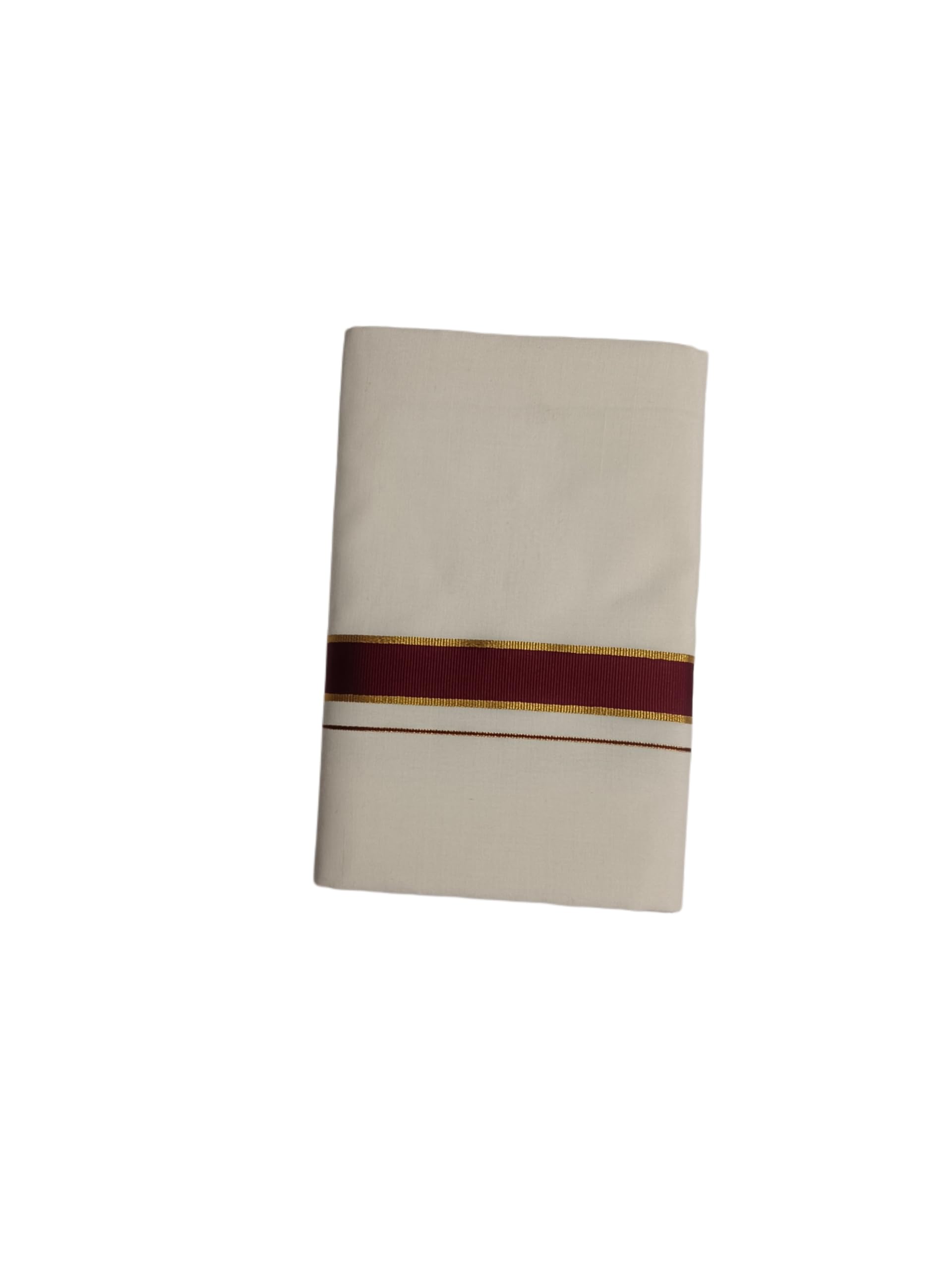 Cotton Double Mundu for Men, Kerala Style, Standard Size, Off-white Maroon border with Golden lines 4 metre Length and 1.20metre Width-picture-51