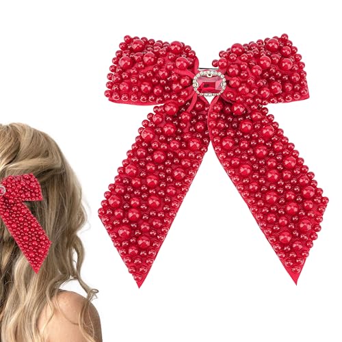 Biiange Pinza para el pelo con lazo de perla, elegante pasador rojo con pinza de cocodrilo, accesorio de boda y fiesta de cumpleaños (1 unidad)