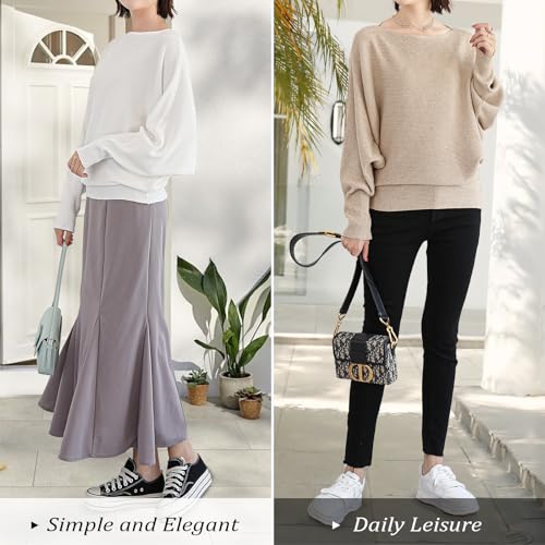 Women's Batwing Long Sleeve Pullover Sweater - Oversize Boat Neck Knitted Ribbed Pullovers with Dolman Sleeve3