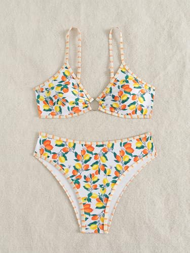 Image of Fanuerg Women's Triangle Bikini Sets O Ring Linked Two Piece Swimsuits Floral Printed Cheeky Bathing Suit