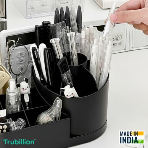 Image of Revolve 360 Degree Rotating Office Desk and Makeup Brush Organizer Stand,Multipurpose Organizer with 16 Compartments for Brushes,Pens,Stationary,Durable,No Installation Needed (360 - Black)