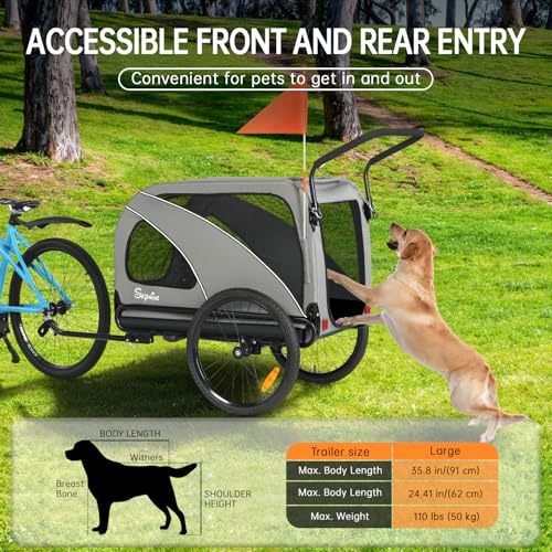 SEPNINE 2-in-1 XL Fahrradanhänger für Hunde, Hundeanhänger für Fahrrad - mit Dachöffnung, Reflektoren & Reflexstreifen, mit Schiebestange & Universal-Fahrradkupplung, Faltbar, Bis 50 kg, Grau
