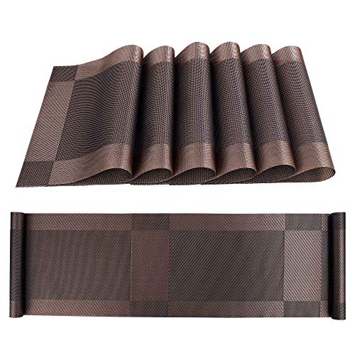 ISIYINER Nappe en PVC antidérapante lavable avec chemin de table assorti pour table à manger Ensemble de 6 (30 x 45) Marron