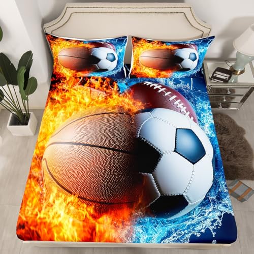 Soccer Bed Sheets Kids Boys Basketball Fitted Sheet Full,Sports Themed Sheets,Red and Blue Bed Set,for Teens Adults Sport Room Decor