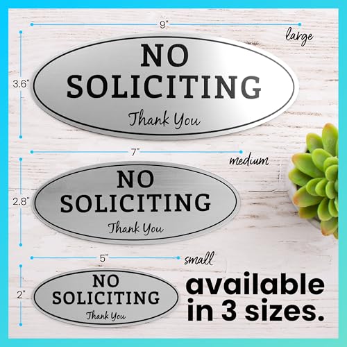 Image of ExcelMark No Soliciting Sign for House or Business - Durable Indoor /Outdoor Sign - Easily Attach to Front Door - UV and Weather Resistant (Large - 3.6 inchx 9 inch, Brushed Silver with Black Letters)
