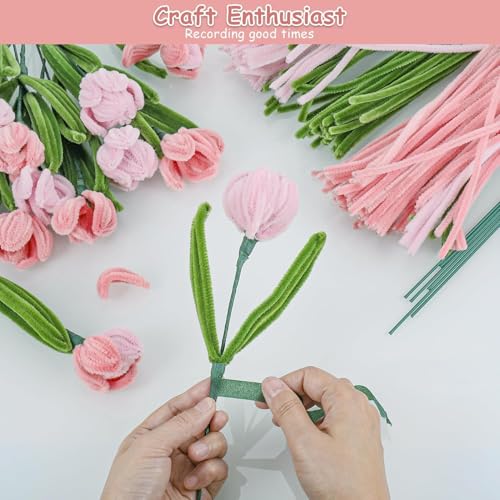 Image of Pipe Cleaners Craft Set, 300 Pieces, 3 Colors, Chenille Stems with Floral Wires, Gardening Tape, Stamen for DIY Flower Making (Pink)