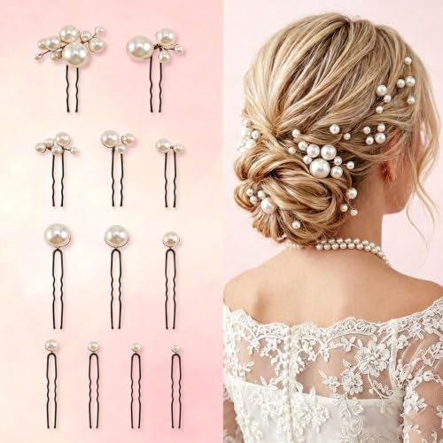 QivaZira 12 Pcs Bridal Pearl Hairpins for Women – Elegant Hair Pins for Wedding, Bridesmaids, Flower Girl, Prom & Updo Hairstyles – Assorted Sizes