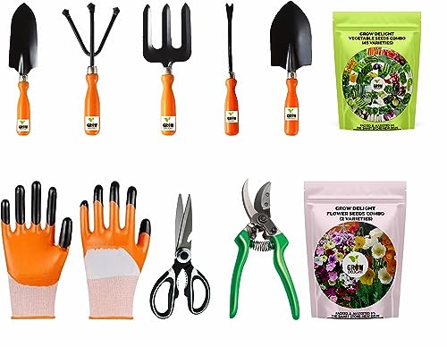GROW DELIGHT 45 Varieties of Vegetable Seeds for Home Garden + Gardening Tools Kit-9 Pcs (Fork, Cultivator, Trowels, Garden Gloves, Pruner Cutter, Weeder, Garden Scissors, Free Flower Seeds Packet) GROW DELIGHT 45 Varieties of Vegetable Seeds for Home Garden + Gardening Tools Kit-9 Pcs (Fork, Cultivator, Trowels, Garden Gloves, Pruner Cutter, Weeder, Garden Scissors, Free Flower Seeds Packet)
