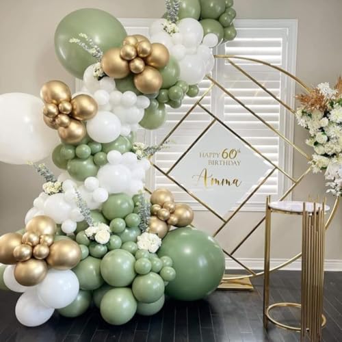 Image of Sage Green White Gold Balloon Arch Kit, 156Pcs Latex Balloons Different Sizes 18 12 10 5 Inch Party Balloon Garland Kit for Baby Shower, Wedding, Engagements, Birthday, Anniversary Decorations