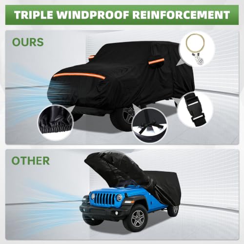Image of Car Cover for Jeep Wrangler 4 Dr /Unlimited 4 Door JK JL(2006-2026), Custom Fit Waterproof All Weather Full Car Cover, Windproof Outdoor Cover with Driver-Side Zipper Door