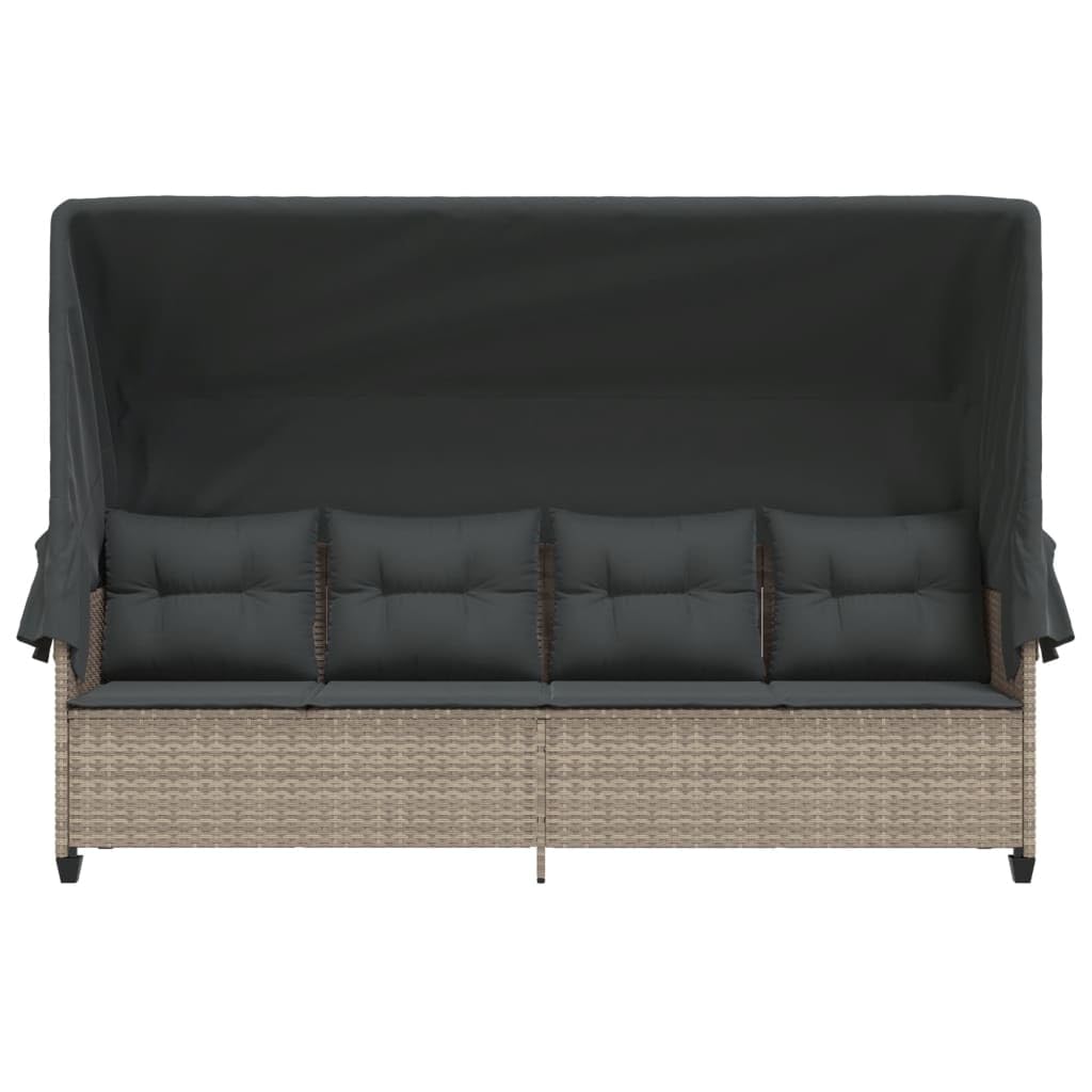 Lettino prendisole con tettuccio e cuscino grigio chiaro in polyrattan regolabile pieghevole con rivestimento sfoderabile ideale per giardino, balcone, piscina, spiaggia, terrazza, sdraio