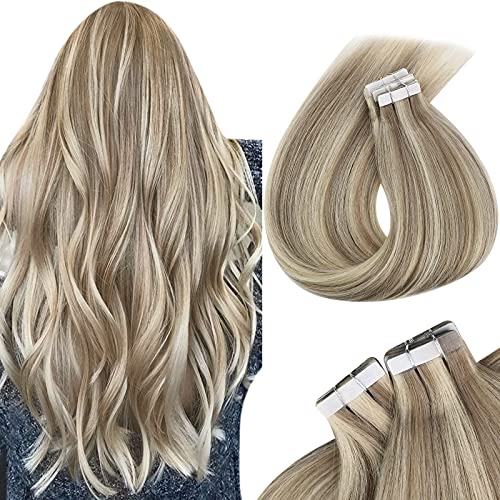 VeSunny Real Hair Tape in Extensions Piano Color #14 Highlight #60 Platinum Blonde Skin Weft Tape in Hair Extensions Blonde Human Hair 20inch 20Pcs/50G