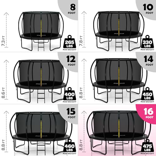 Image of JoyBerri Upsurge Trampoline Outdoor - ASTM Certified Safe 8Ft 10Ft 12Ft 14Ft 15Ft 16Ft Recreational Trampoline for Kids and Adults. Anti-Rust Coating with Enclosure Net, Ladder, Sprinkler & LED Lights