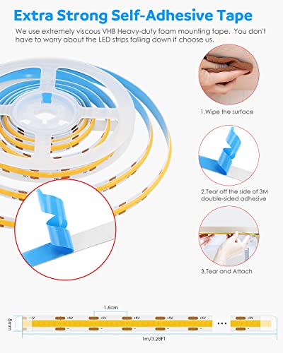 Aclorol USB 1M COB LED Strip Lights Warm White Led TV Backlight 5V 1M 3.28FT 320Leds 3000K CRI85+ COB Flexible Lights with 1 M USB Powered for Bedroom Under Cabinet Kitchen DIY Lighting Project - Cosy Home Interiors Aclorol USB 1M COB LED Strip Lights Warm White Led TV Backlight 5V 1M 3.28FT 320Leds 3000K CRI85+ COB Flexible Lights with 1 M USB Powered for Bedroom Under Cabinet Kitchen DIY Lighting Project - Image 6