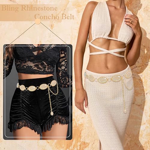 Image of Rhinestone Concho Belt for Women, Western Cowgirl Crystal Chain Belt for Country Concert Party Outfit