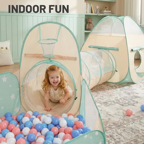 Image of PigPigPen Play Tent for Kids: 3-in-1 Ball Pit with Crawl Tunnel and Princess Tent, Portable Playhouse for Toddlers Boys Girls, Indoor Outdoor Toys Gift Set