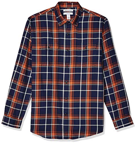 Amazon Essentials Men's Regular-Fit Long-Sleeve Twill Shirt, Navy/Orange Plaid, Medium