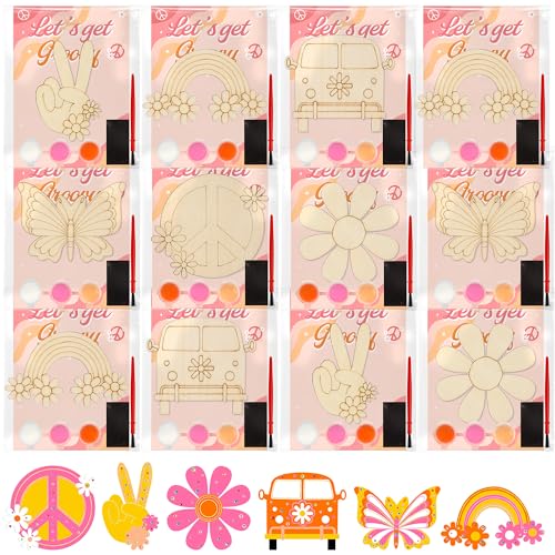 Bafeil 24 Sets Groovy Party Favors DIY Wooden Painting Crafts Kit with Magnets Retro Hippie Birthday Decorations Retro Boho Themed Birthday Party Supplies Gifts Goodie Bags Stuffers Prizes