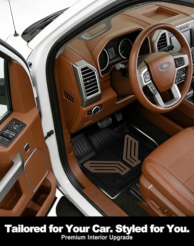 Image of Premium Color TPE Floor Mats for Ford F-150 2015-2026 | Saddle Brown Wing Design| F150 Lightning 2022-2025 SuperCrew (Rear w /o Fold Flat Storage) | Heavy Duty Car Carpet All-Weather Protection