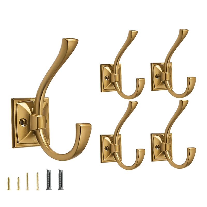 CABDM 5 Pack Decorative Heavy Duty Towel Hooks for Hanging Robe Double Modern Gold Coat Hooks Wall Mounted with Screws for Key, Towel, Bags, Cup, Hat