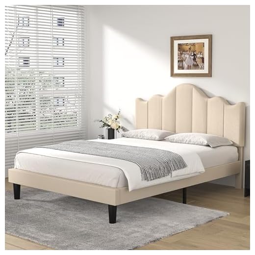 VECELO Full Upholstered Platform Bed Frame,Mattress Foundation with Height Adjustable Tufted Headboard,Strong Wood Slat Support, No Box Spring Needed,Champagne Beige