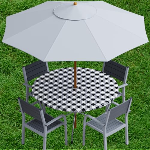 sorfey vinyl umbrella round fitted tablecloth cover, checkered design, flannel backed lining 42 inch, black