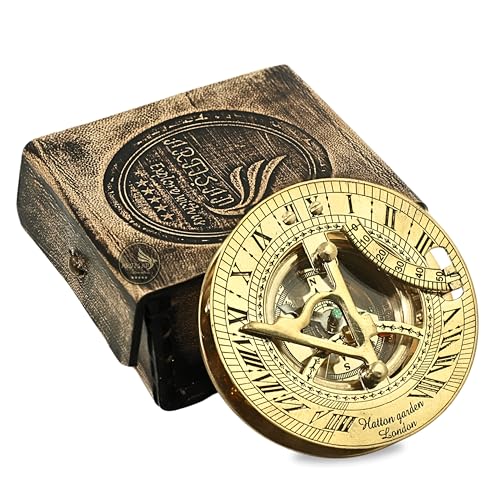 Nautical Solid Brass Round Sundial Compass with Design Leather Box, Brass Rustic Vintage Home Decor Gifts