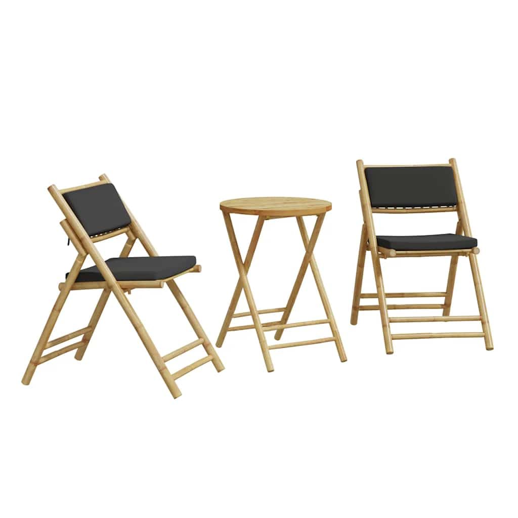Set da bistrot pieghevole da 3 pezzi in bambù con cuscini imbottiti grigio scuro e rivestimenti rimovibili per balcone, giardino e terrazza