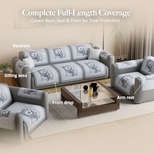 Image of Kuber Industries 5 Seater Sofa with Arm Cover | Velvet Slipcover for Living Room | Thick & Cozy | Non-Slip Comfort Sofa Cover Set | Pyramid Flower 560 - Grey & White