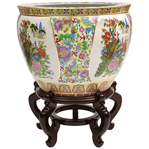 Red Lantern 14" Satsuma Birds & Flowers Porcelain Fishbowl Planter Or Cachepot For Indoor/Outdoor Use In Garden Entryway Living Room Boho Eclectic Modern Contemporary Classic Traditional Style Decor #TOP1