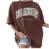 Oversize Tshirt Damen Los Angeles Kurzarm-Casual-Buchstaben mit Rundhalsausschnitt aus Baumwoll, Sommeroberteile, Kurze Ärmel, Hemden mit kreativen Buchstaben Vintage Pullover Sweatshirt Bluse