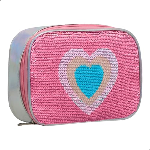 Estojo Box Escolar Grande Porta Lapis Paetê 100 Pens 23x17x6cm Laterais Estruturadas Forrado Yepp EST12031 (Coração)