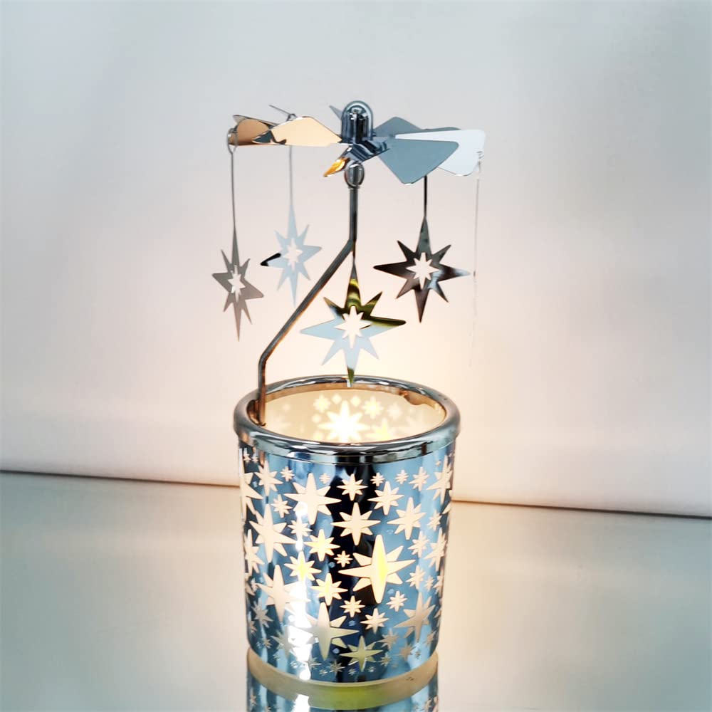 kingnero carousel candle rotary candle holder spinning windmill tea light metal Candlestick for home decorate (star Silver)